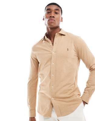 Polo Ralph Lauren icon logo estate collar jersey shirt in camel marl-Neutral