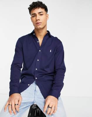 Polo Ralph Lauren icon logo estate collar jersey sport shirt in navy - ASOS Price Checker