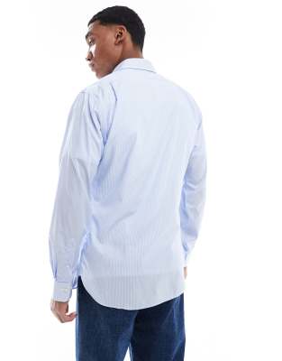 Polo Ralph Lauren Icon Logo Estate Collar Slim Fit Stripe Poplin Dress Shirt In Blue