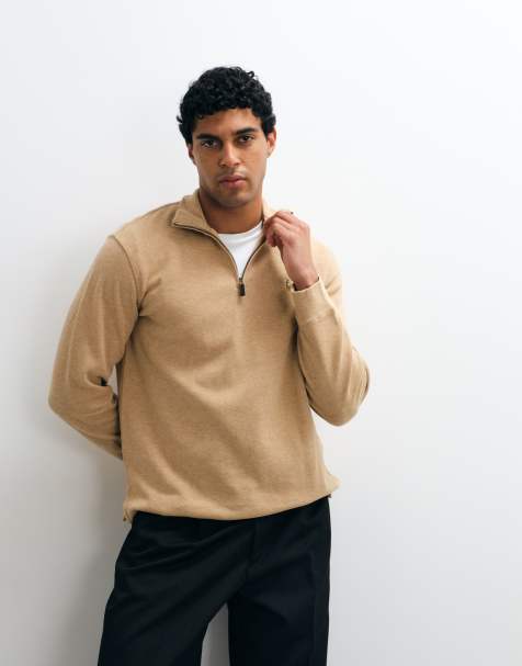 Polo Ralph Lauren icon logo estate rib quarter zip jumper in beige - view 1