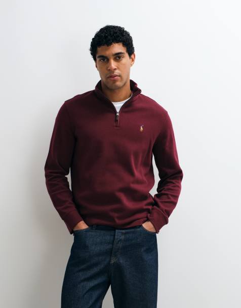 Polo Ralph Lauren icon logo estate rib quarter zip sweatshirt in burgundy - view 1