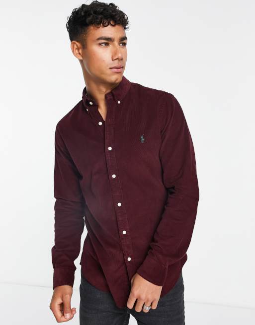 Polo Ralph Lauren icon logo fine cord slim fit shirt button down in  burgundy | ASOS