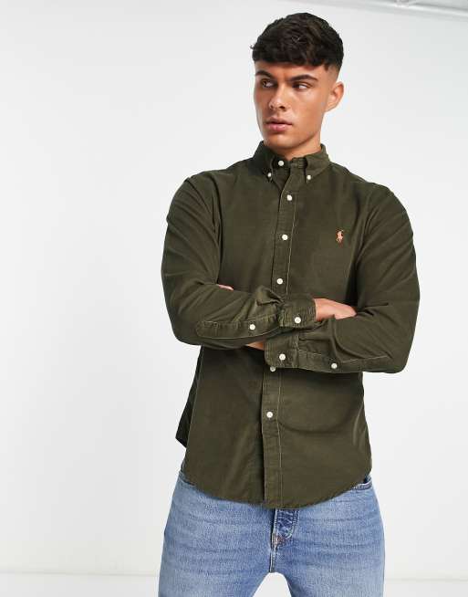 Polo Ralph Lauren icon logo fine cord slim fit shirt button down in dark green