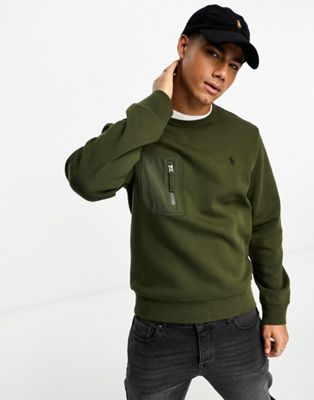 Polo Ralph Lauren icon logo front zip pocket double knit sweatshirt in olive green