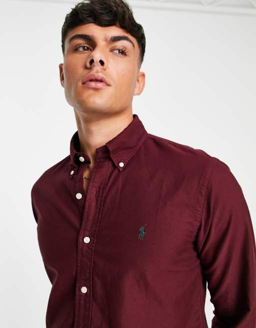 Polo Ralph Lauren icon logo garment dyed oxford shirt custom fit in  burgundy | ASOS