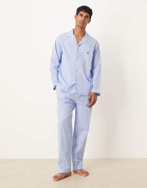 Polo Ralph Lauren icon logo gingham print pyjama lounge set in light blue - view 1