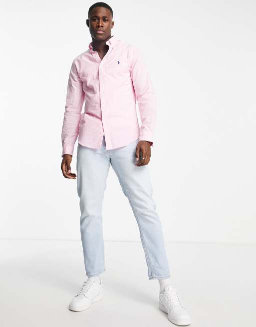 Polo Ralph Lauren icon logo gingham slim fit poplin shirt in pink