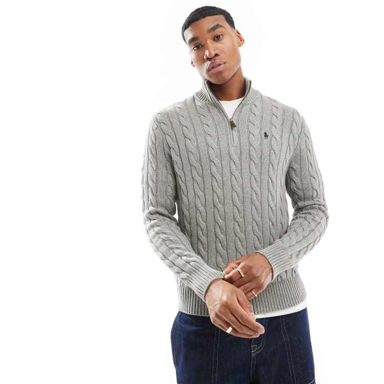 Polo Ralph Lauren icon logo half zip cotton cable knit jumper in grey marl ASOS