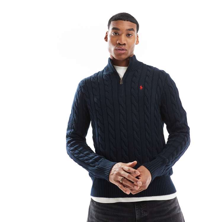 Polo Ralph Lauren icon logo half zip cotton cable knit jumper in navy | ASOS