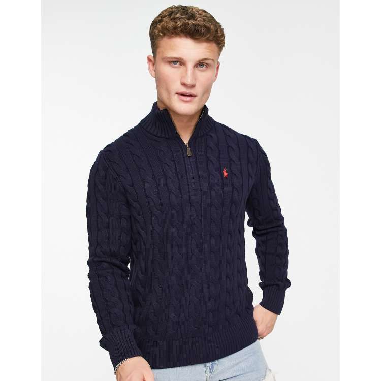 Polo Ralph Lauren icon logo half zip cotton cable knit sweater in