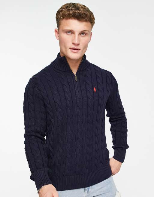 Polo Ralph Lauren icon logo half zip cotton cable knit sweater in navy |  ASOS