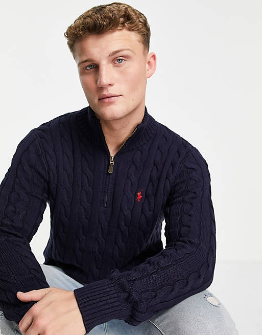 Polo Ralph Lauren icon logo half zip cotton cable knit sweater in navy |  ASOS