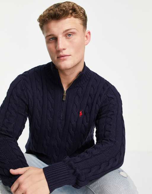 Polo Ralph Lauren icon logo half zip cotton cable knit sweater in