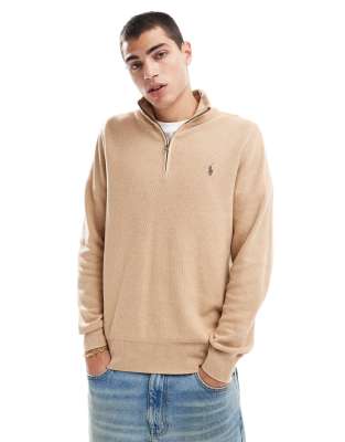 Polo Ralph Lauren Polo Ralph Lauren icon logo half zip cotton knit jumper in camel marl-Neutral