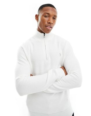 Polo Ralph Lauren Icon Logo Half Zip Cotton Knit Sweater In Off White