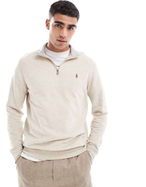  Polo Ralph Lauren icon logo half zip double knit sweatshirt in beige marl