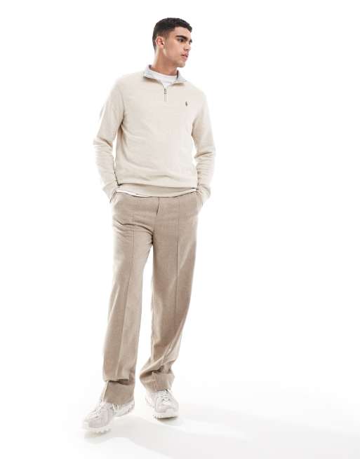 Polo Ralph Lauren icon logo half zip double knit sweatshirt in beige marl, 2 of 4