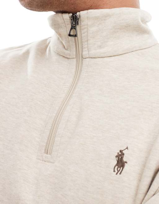 Polo Ralph Lauren icon logo half zip double knit sweatshirt in beige marl, 4 of 4