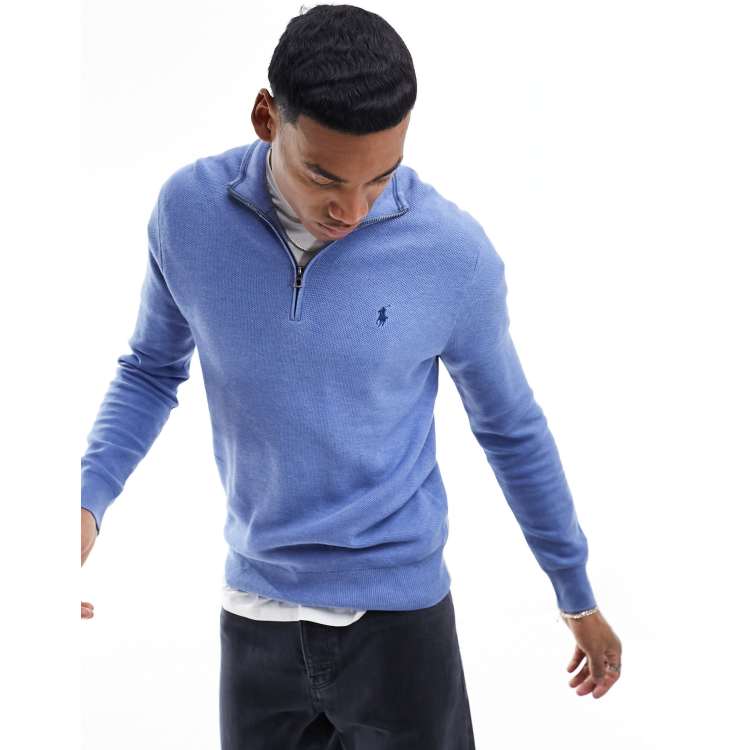 Polo Ralph Lauren icon logo half zip heavyweight cotton knit sweater in  light blue heather