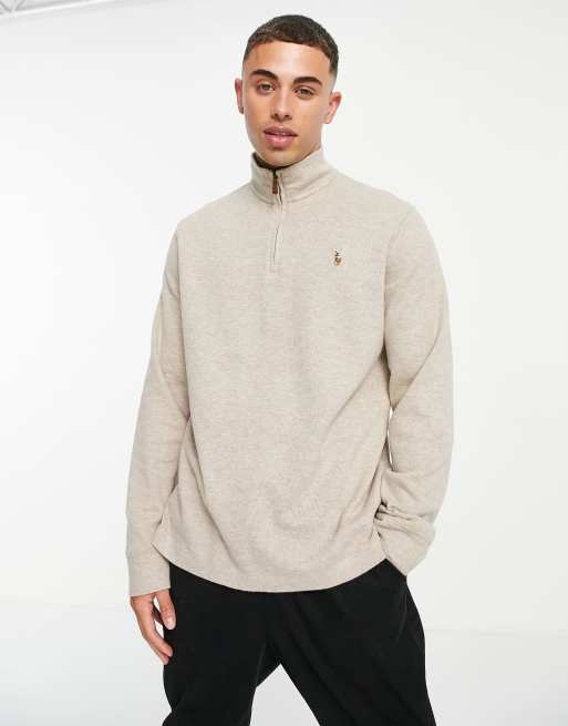 Polo Ralph Lauren icon logo half zip sweatshirt in beige marl | ASOS