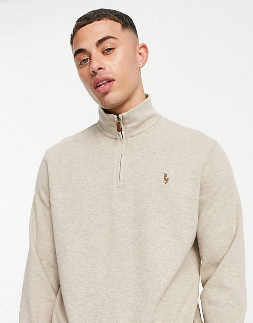 Polo Ralph Lauren icon logo half zip sweatshirt in beige marl | ASOS