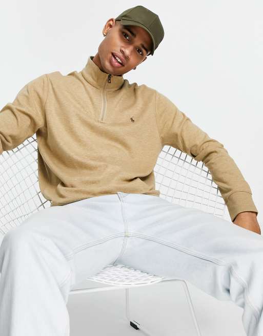 Polo Ralph Lauren icon logo half zip sweatshirt in tan marl | ASOS