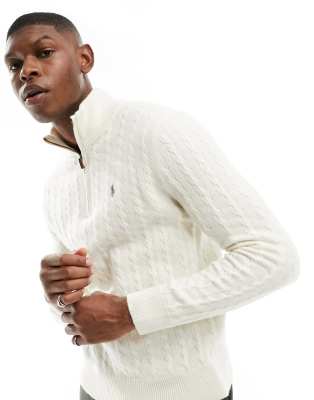 Polo Ralph Lauren Polo Ralph Lauren icon logo half zip wool mix cable knit jumper in andover cream-White