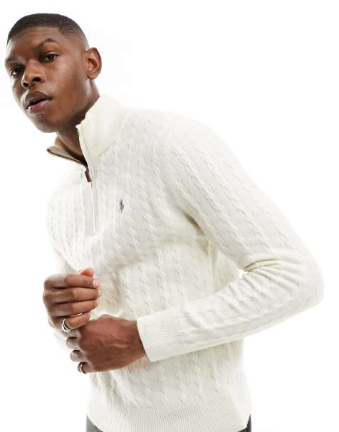 Polo Ralph Lauren icon logo half zip wool mix cable knit jumper in andover cream - view 1