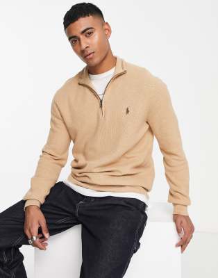 Polo Ralph Lauren icon logo heavyweight cotton knit half zip jumper in camel marl