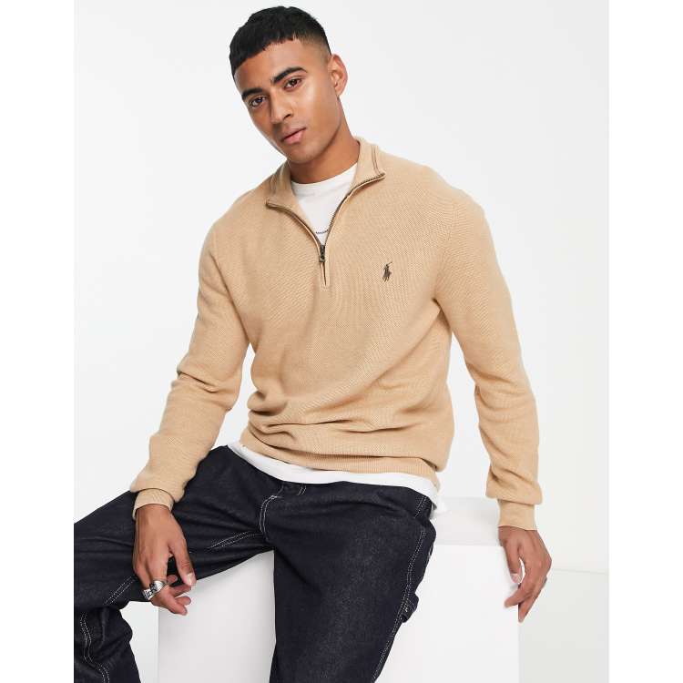 Polo Ralph Lauren icon logo heavyweight cotton knit half zip jumper in  camel marl | ASOS