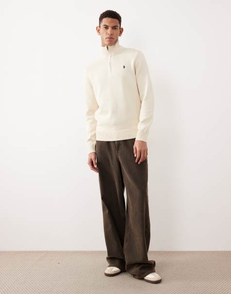 Polo Ralph Lauren icon logo heavyweight cotton knit half zip jumper in cream - view 1