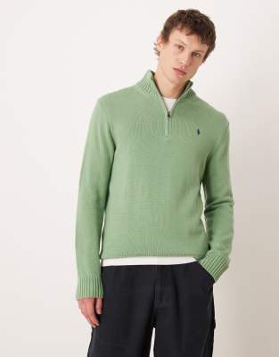 Polo Ralph Lauren Men's Green Icon Logo Heavyweight Cotton Knit Half Zip Jumper In