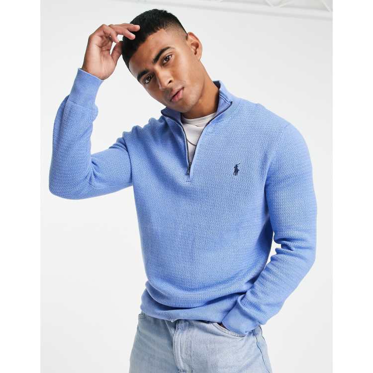 Polo Ralph Lauren icon logo heavyweight cotton knit half zip jumper in light  blue marl | ASOS