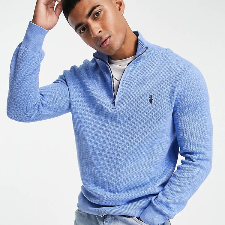 leveren Rechtdoor Manifestatie Polo Ralph Lauren icon logo heavyweight cotton knit half zip sweater in  light blue heather | ASOS