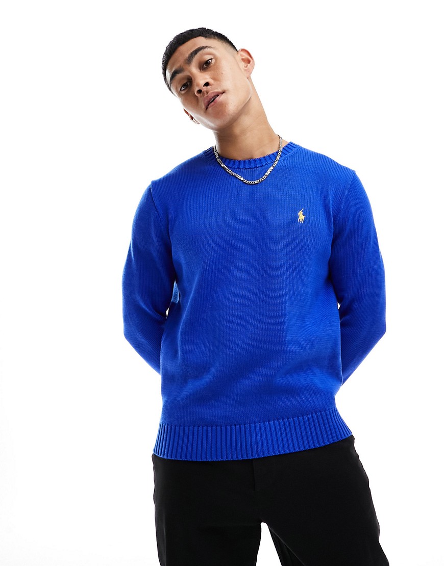 Polo Ralph Lauren icon logo heavyweight cotton knit jumper in mid blue
