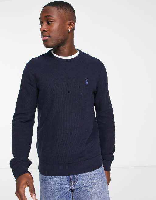 Polo Ralph Lauren icon logo heavyweight cotton knit jumper in navy marl ...