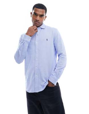 Polo Ralph Lauren icon logo herringbone print jersey shirt in blue/white