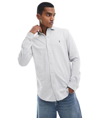 Polo Ralph Lauren icon logo herringbone print jersey shirt in grey marl/white