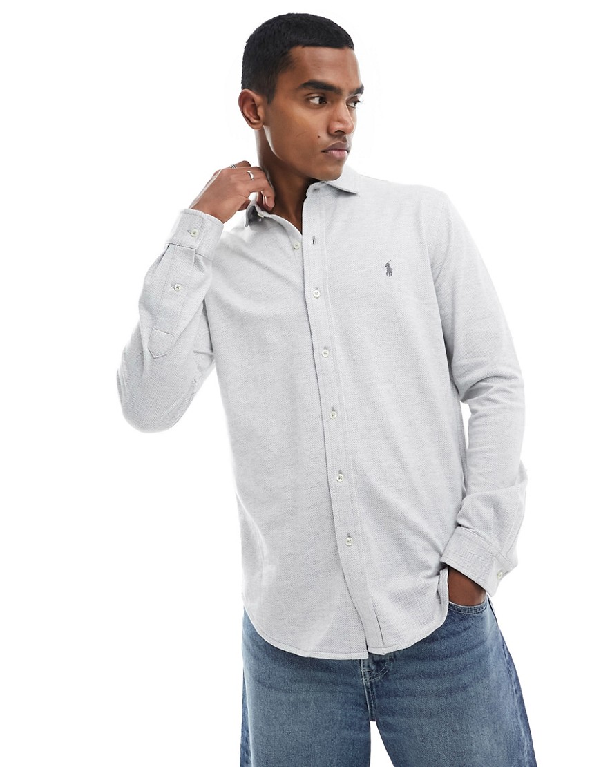 Polo Ralph Lauren icon logo herringbone print jersey shirt in grey marl/white
