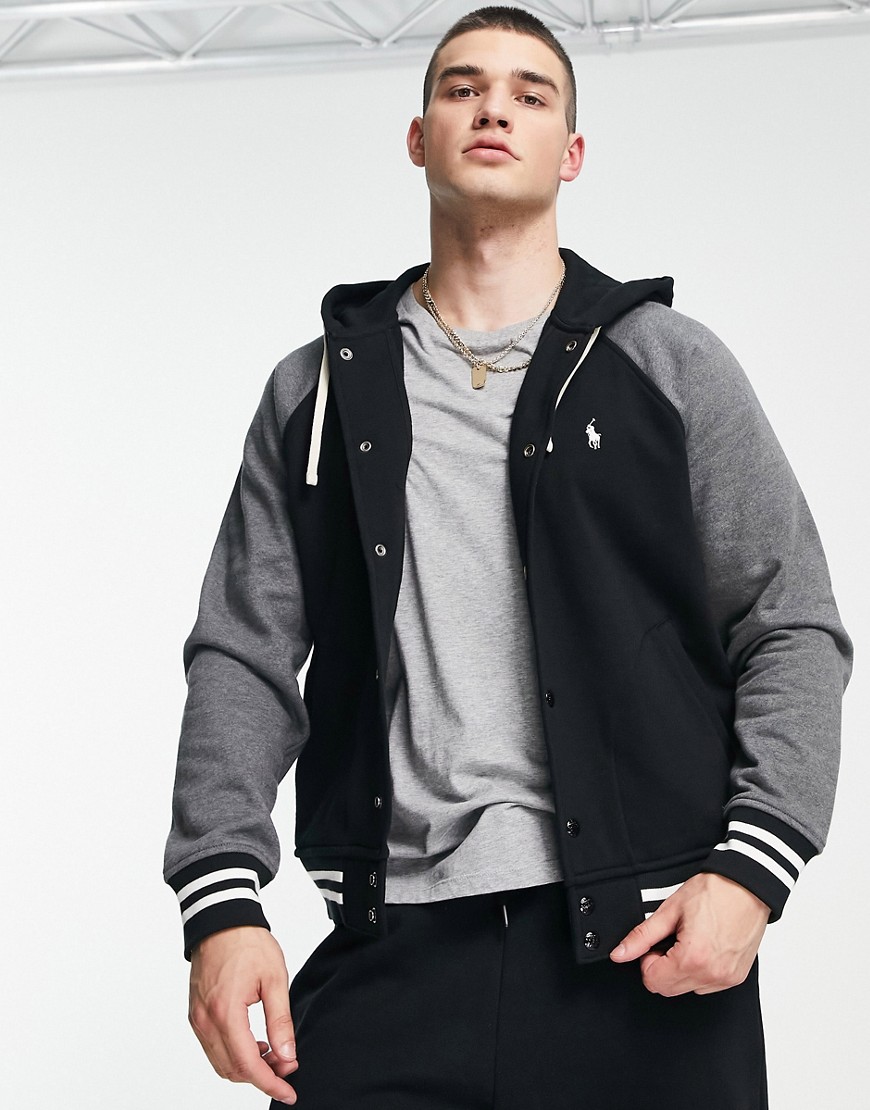 Polo Ralph Lauren icon logo hooded baseball sweat jacket in black/gray heather
