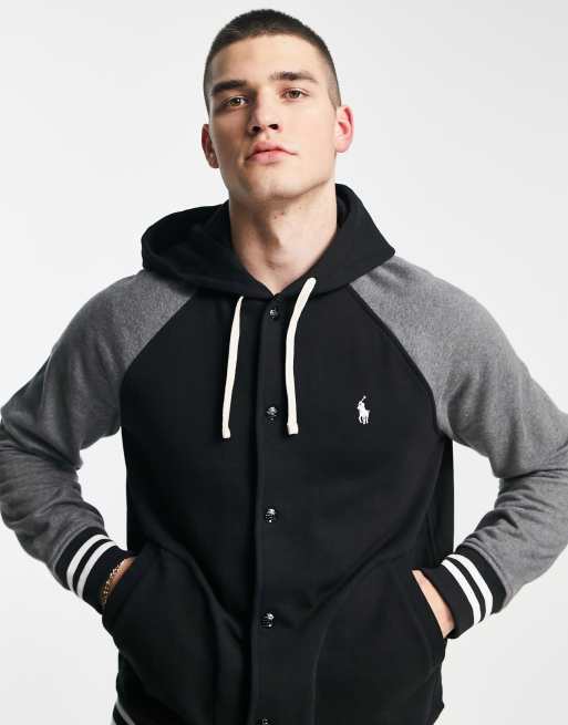 Polo Ralph Lauren icon logo hooded baseball sweat jacket in black/gray  heather | ASOS