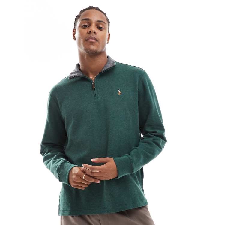 Polo Ralph Lauren icon logo jersey knit half zip sweatshirt in dark green heather ASOS