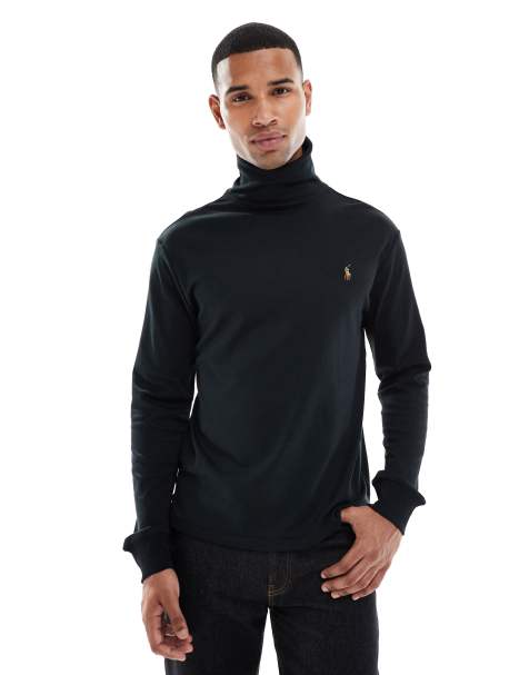 Polo Ralph Lauren icon logo jersey pima cotton long sleeve turtle neck t-shirt in black - view 1