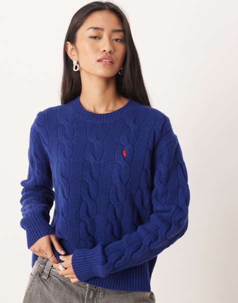 Polo Ralph Lauren icon logo knitted cable crew neck jumper in blue - view 1