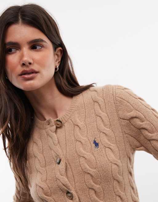 Polo Ralph Lauren icon logo kofta i kabelstickning i ullmix i camel tan, 2 av 4
