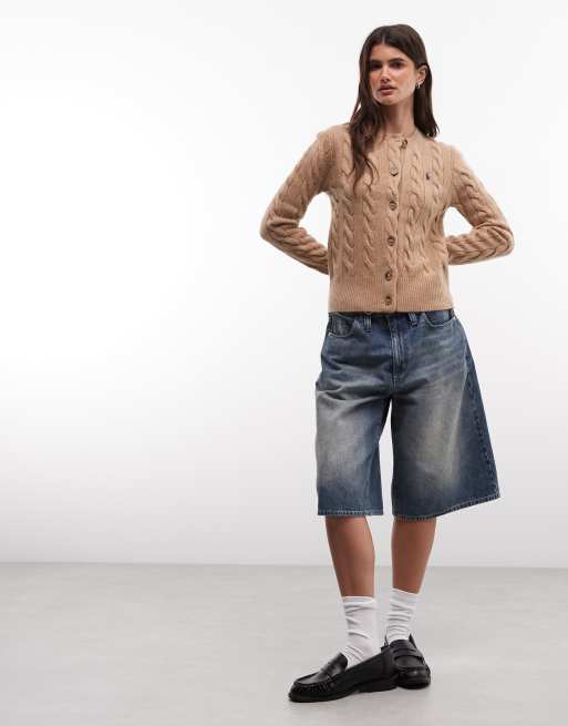 Polo Ralph Lauren icon logo kofta i kabelstickning i ullmix i camel tan, 3 av 4