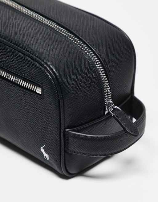 Polo Ralph Lauren icon logo leather wash bag in black/silver, 2 of 3