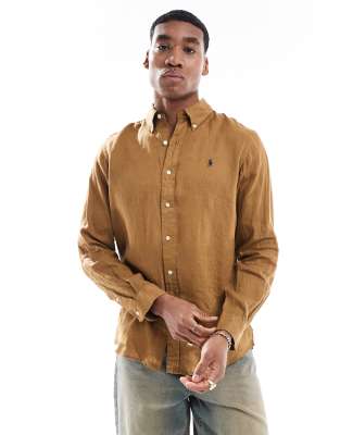 Polo Ralph Lauren icon logo linen look shirt custom fit in tan-Brown