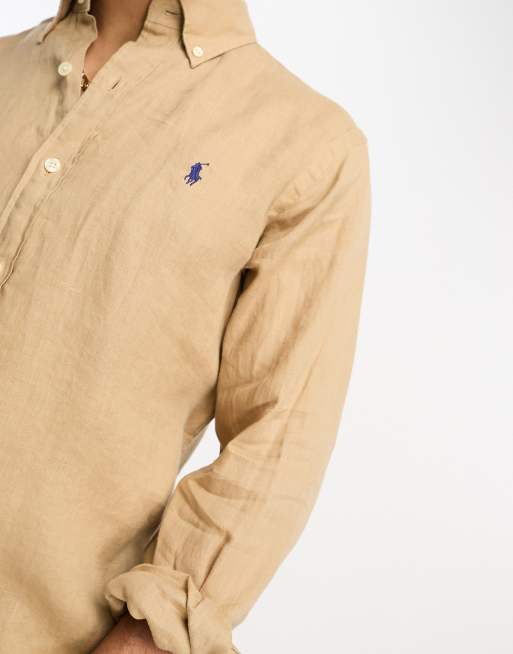 Polo Ralph Lauren icon logo linen shirt custom fit in khaki tan