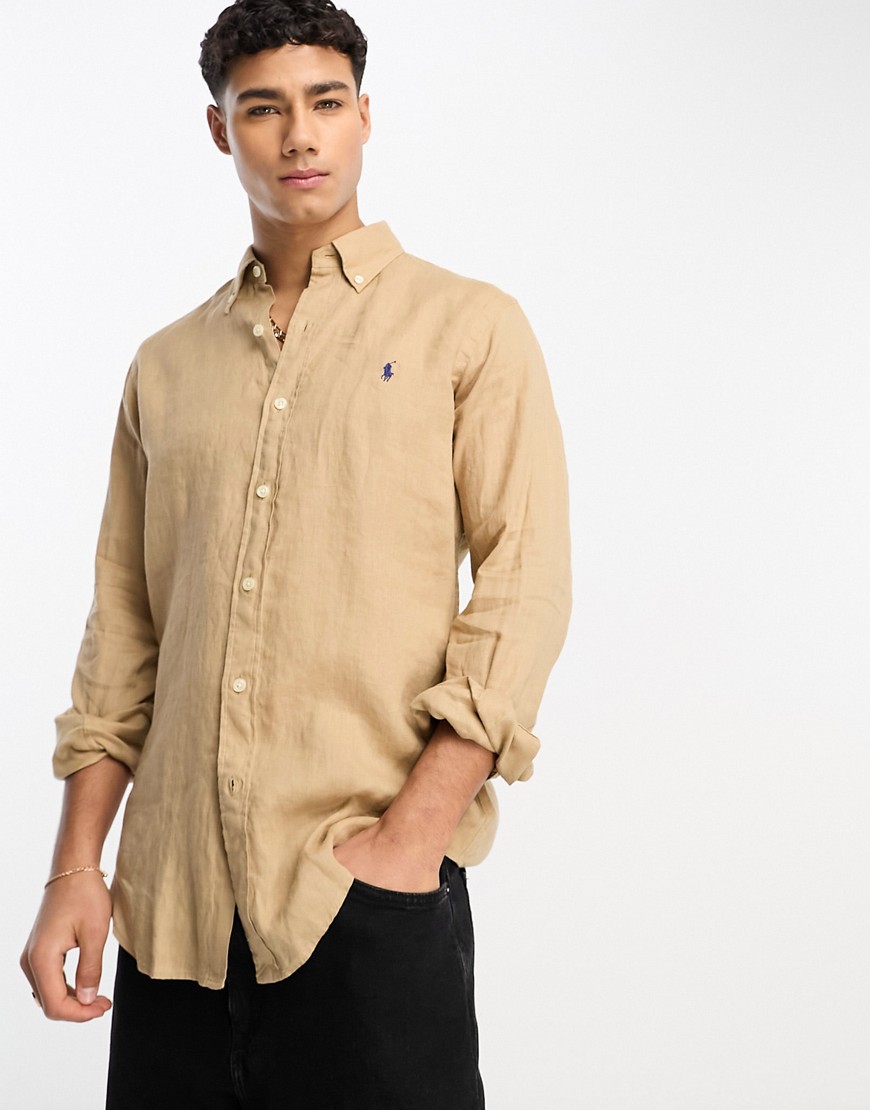 Shop Polo Ralph Lauren Icon Logo Linen Shirt Custom Fit In Khaki Tan-brown